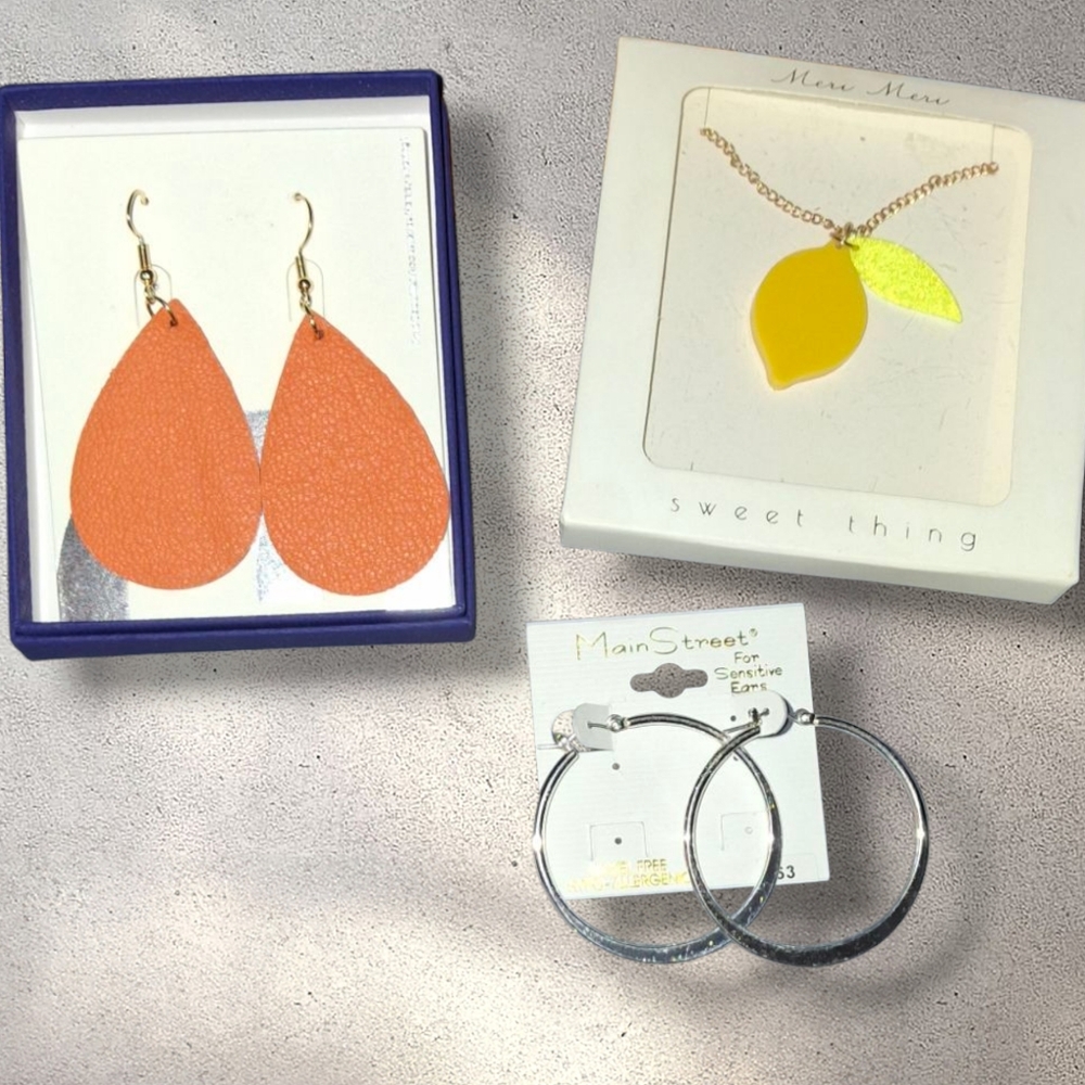 NWT 3pc Jewelry Lot Silvertone Hoops & Leather Drops Lemon Necklace